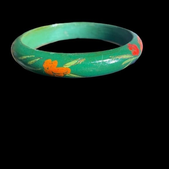 Handcrafted Wooden Floral Bangle Set Boho Chic Hand Painted Colorful Retro Artsy - Picture 3 of 8